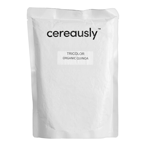 A white package of White Toque Fully Cooked Organic Tri-Color Quinoa with black text.