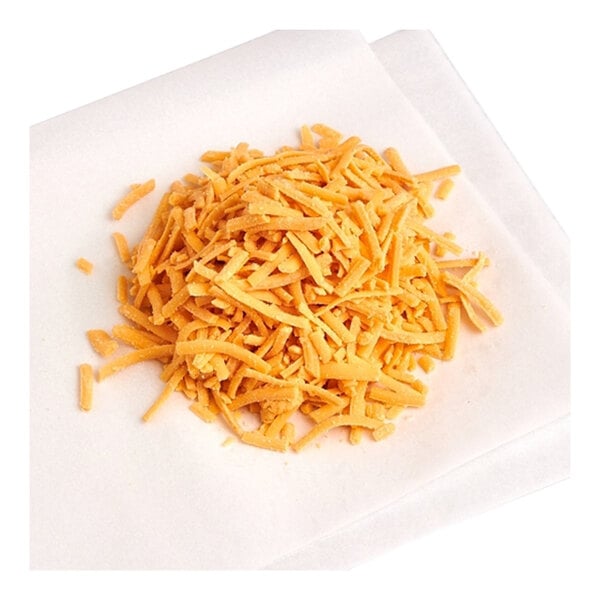 A pile of Moocho Vegan Shredded Cheddar-Style Cheese.