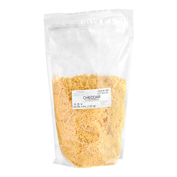 A white bag of Moocho Shredded Cheddar-Style Cheese with a white label and black text.