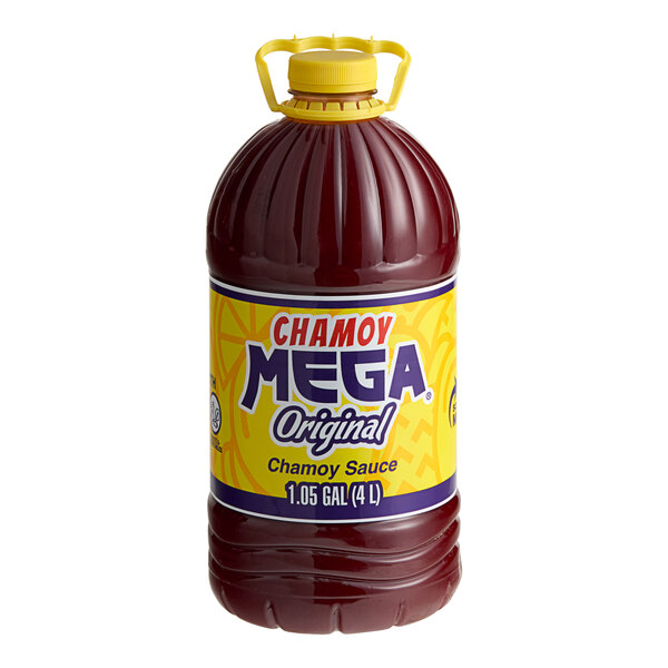 A close up of a large bottle of Chamoy Mega Original sauce.