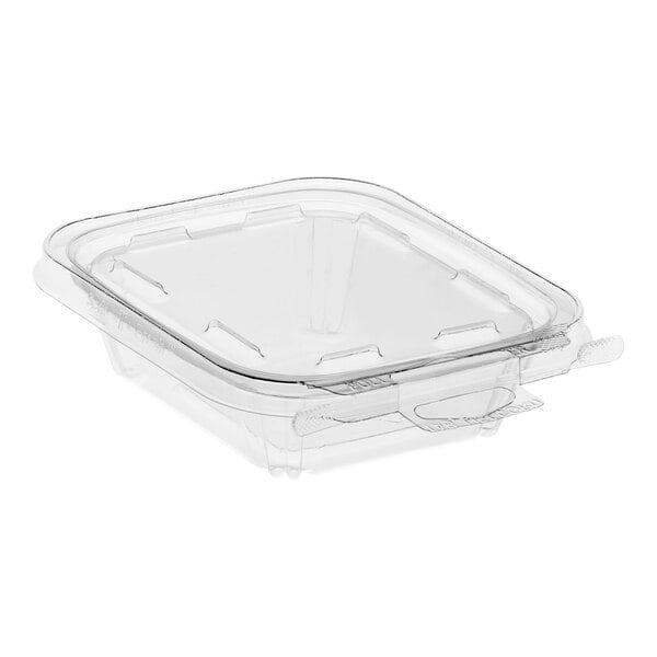 An Inline Plastics clear rectangular hinged container with a flat lid.