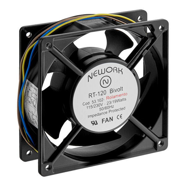 A black electric cooling fan with a label on the center, designed for use in equipment cabinets.