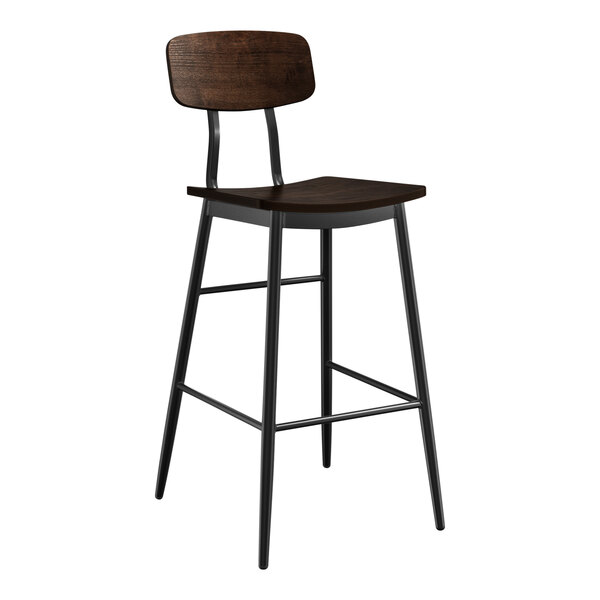 A Lancaster Table & Seating black barstool with wood seat and backrest.