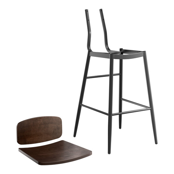 A Lancaster Table & Seating black barstool with an espresso wood seat and backrest.