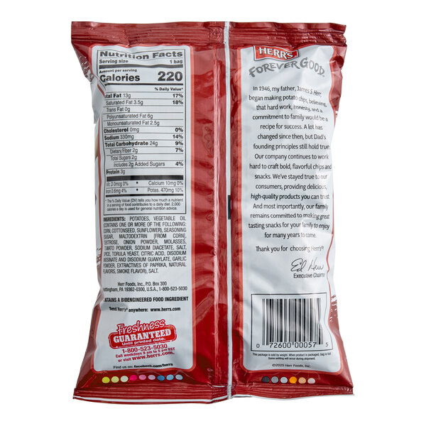 A 1.5 oz. bag of Herr's Baby Back Ribs Potato Chips shown from the back, displaying nutritional information and company details.