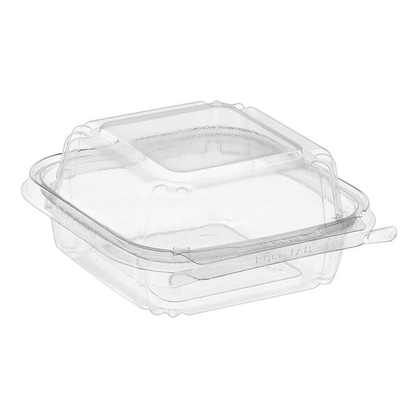 A clear Inline Plastics Safe-T-Fresh square hinged container with a dome lid.