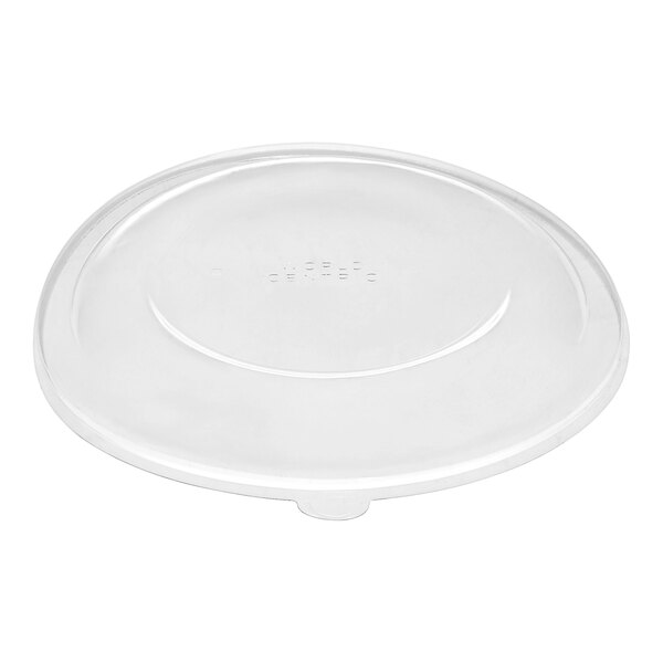A clear plastic World Centric lid with a circular hole.