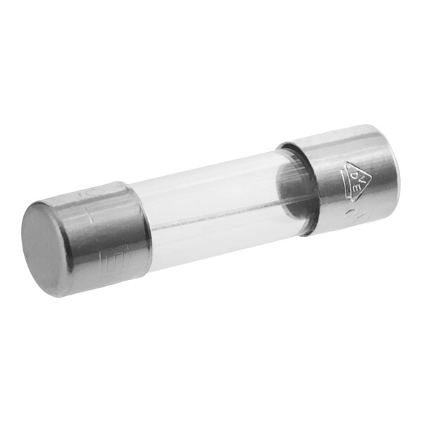 A glass tube fuse with metal end caps.