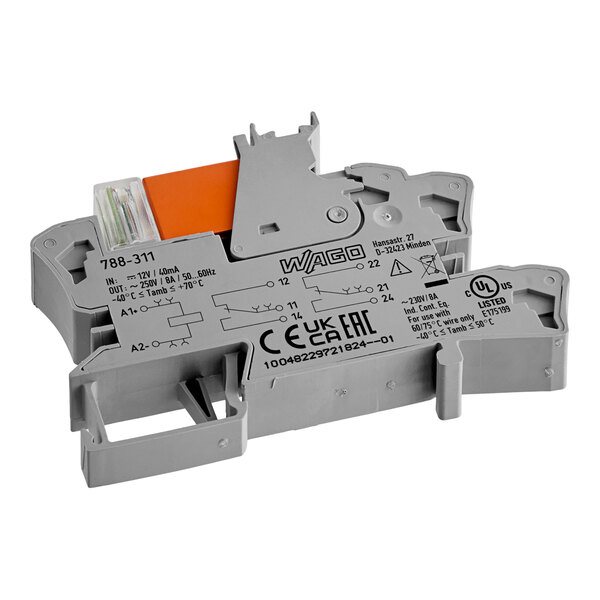 A gray dual contact relay module with labeled terminals and an orange lever, designed for electrical control applications.