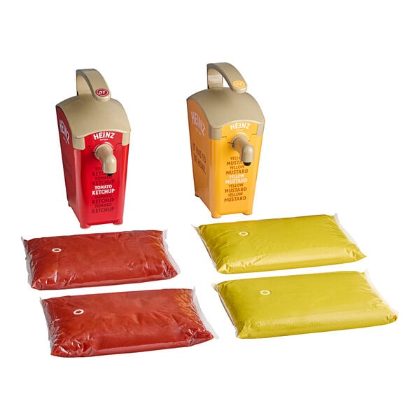 A close-up of a red Heinz ketchup pump dispenser with a yellow and grey mustard dispenser in the background.