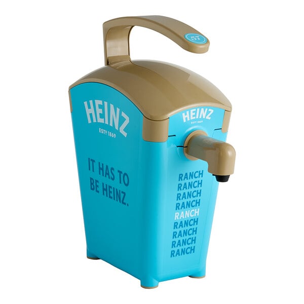 A light blue and tan Heinz countertop pump dispenser.
