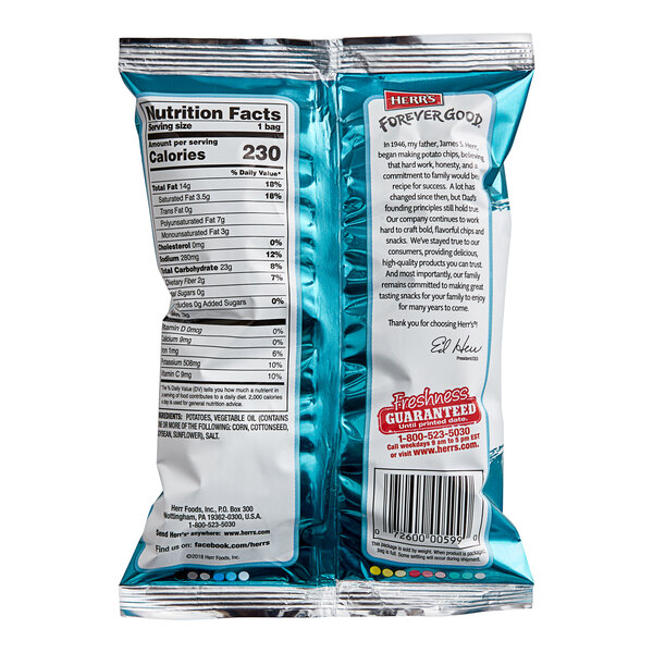 A blue and white Herr's Crisp N' Tasty Potato Chips bag with nutrition information and a label.