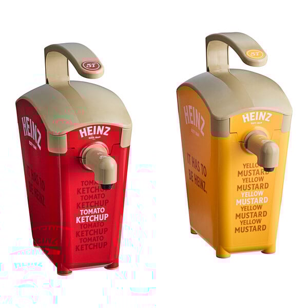 A red and yellow Heinz countertop pump dispenser set with a ketchup and mustard pump.
