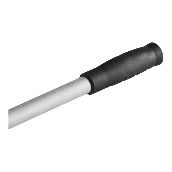 A metal rod with a black, textured handle grip on one end.