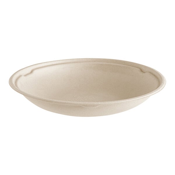 A World Centric compostable fiber bowl with a beige rim.