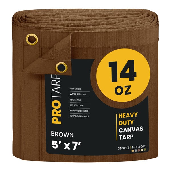 The packaging for a brown ProTarp heavy-duty canvas tarp with reinforced edges.