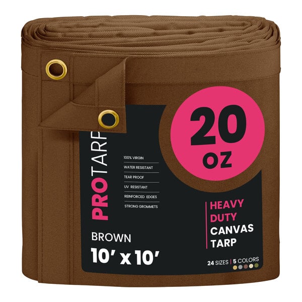 A roll of brown canvas with the words "ProTarp Extreme Heavy Duty" on it.