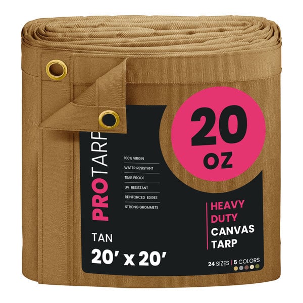 A roll of tan canvas tarp with the words "ProTarp Extreme Heavy Duty" on it.