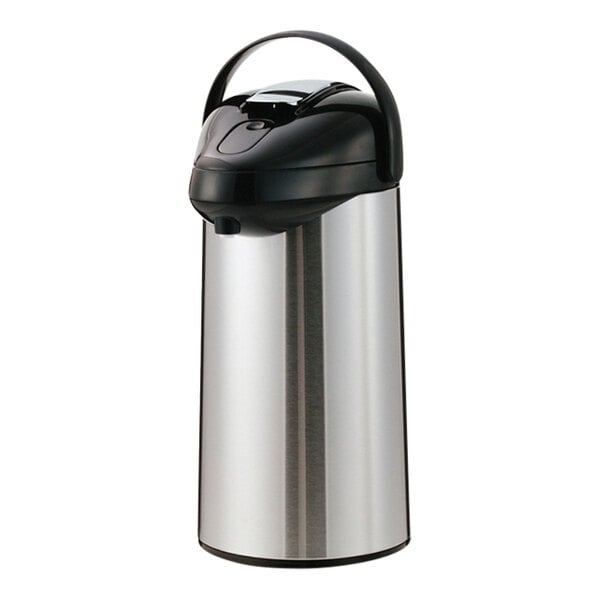 A silver and black Service Ideas SteelVac coffee airpot with a lid and lever.