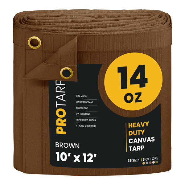 A roll of brown canvas tarp with white lettering.