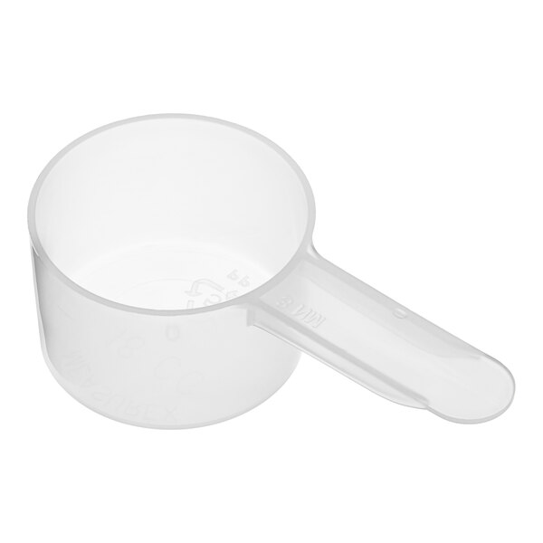 A white polypropylene scoop with a short handle.