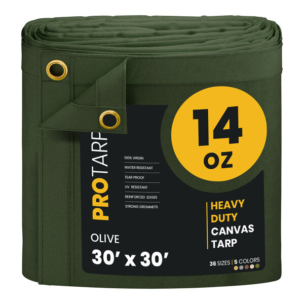 A roll of olive green PRO-TARP heavy duty canvas tarp.