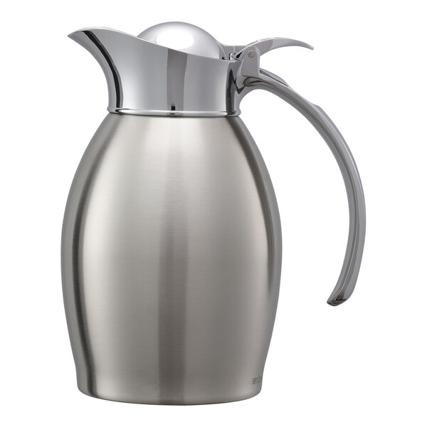 A brushed stainless steel Service Ideas Nicollet coffee carafe with a handle.