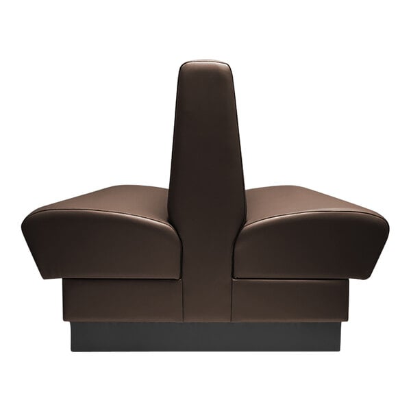 A brown leather QA Group double back booth with long fudge plain backrests.