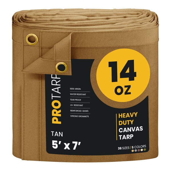 A roll of tan PROTAPE heavy duty canvas tarp.