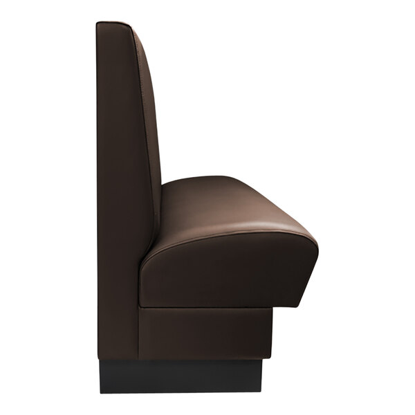 A brown leather booth with a black back.