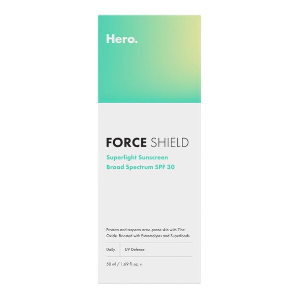 A white box of Hero Force Shield SPF 30 Superlight Sunscreen with green and blue text.