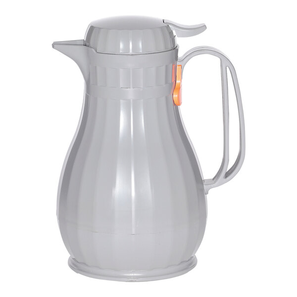 A slate gray plastic coffee carafe with a handle.