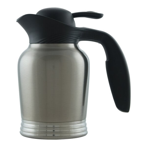 A silver stainless steel coffee carafe with a black push button lid.