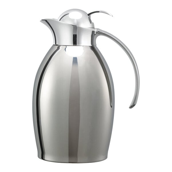 A Service Ideas Nicollet stainless steel coffee carafe with a handle and push button lid.