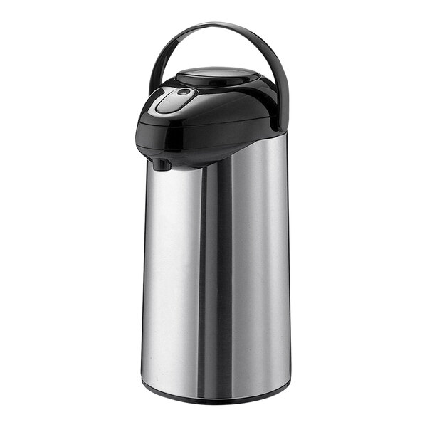 A stainless steel Service Ideas SteelVac airpot with a black handle.