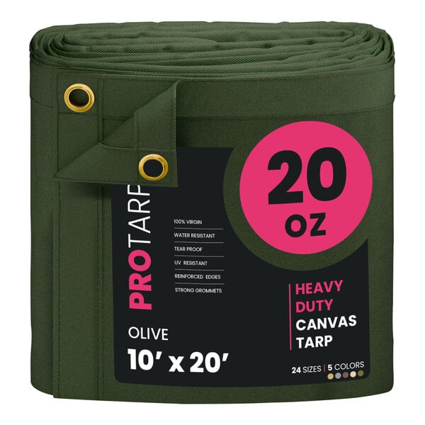 A green PROTARP heavy duty canvas tarp with a pink label.