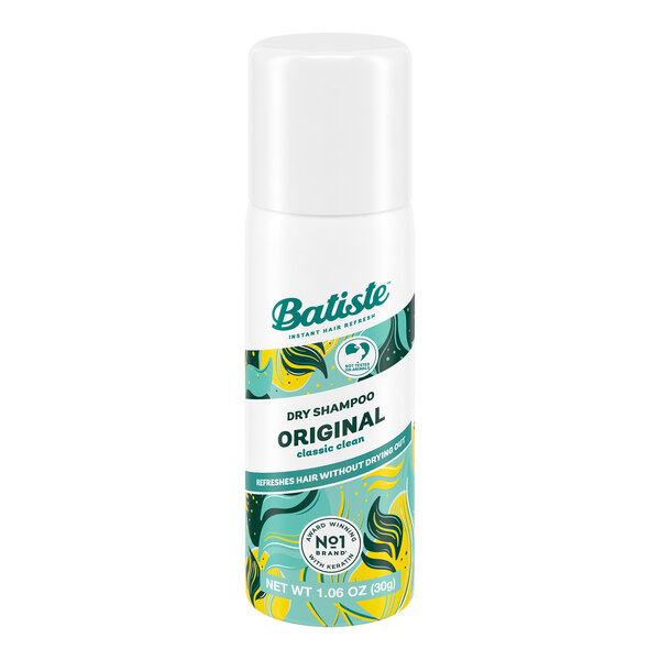 A white bottle of Batiste Original Dry Shampoo with a blue and yellow label.