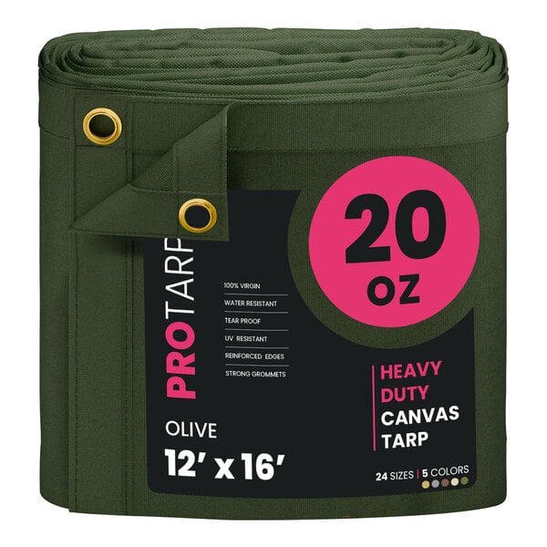 A green heavy duty canvas tarp with a pink label.