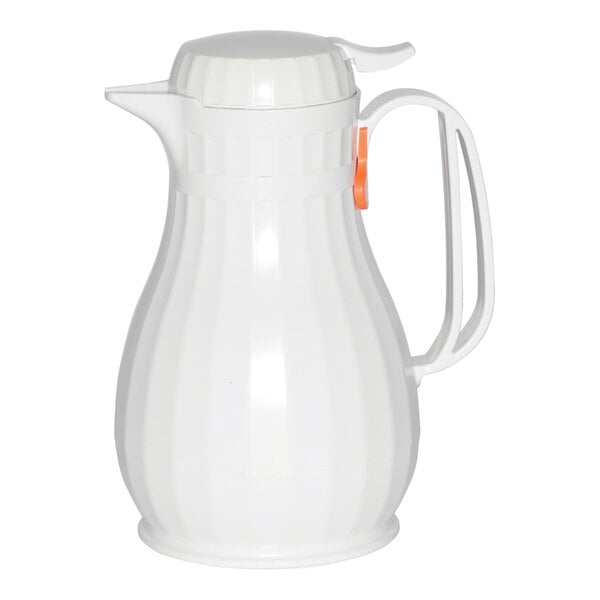 A white plastic coffee carafe with a handle and a lid.