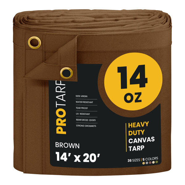 A roll of brown ProTarp heavy-duty canvas tarp.