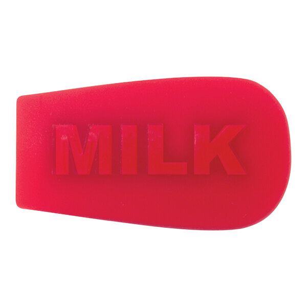 A red silicone creamer indicator with the word "milk" on it.