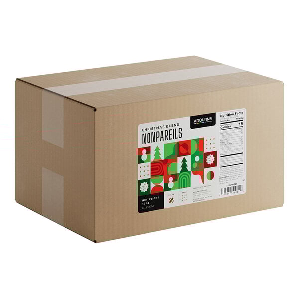 A large cardboard box labeled as Adourne Christmas Blend Nonpareils Mix, weighing 10 pounds.