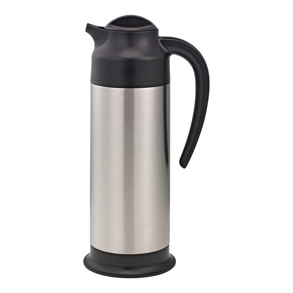 A Service Ideas stainless steel insulated creamer with black base and lid.