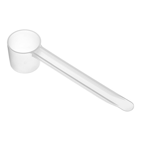 A white plastic measuring spoon with a medium handle.