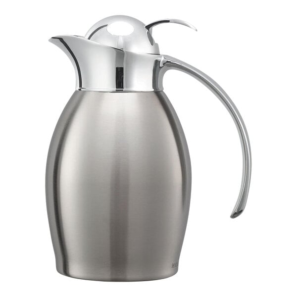 A silver stainless steel Service Ideas Nicollet coffee carafe with a push button lid.