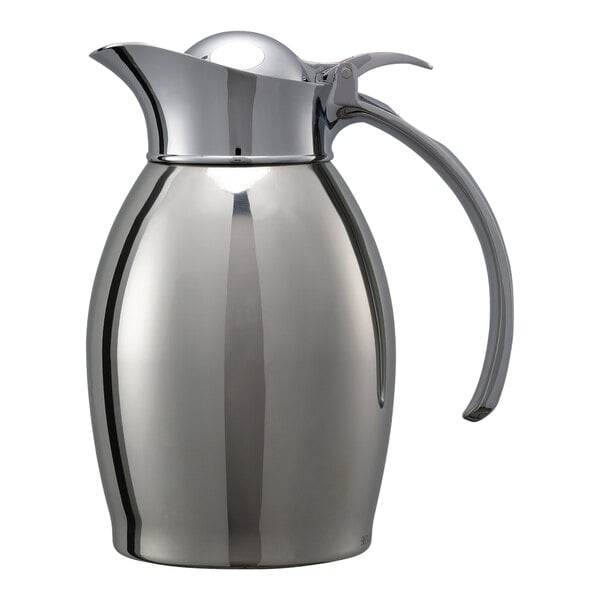 A Service Ideas Nicollet stainless steel coffee carafe with a handle.