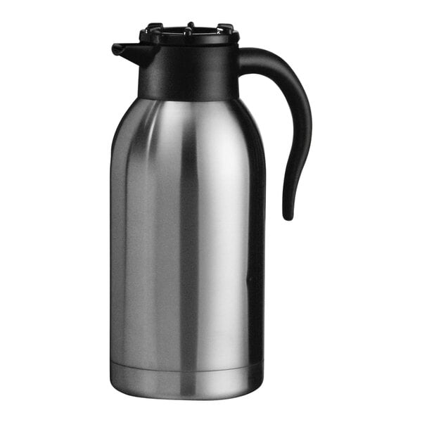 A stainless steel Service Ideas SteelVac Brew-Thru Carafe with a black handle.