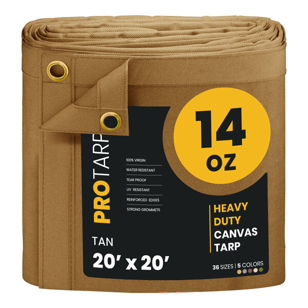 A roll of tan canvas tarp with white lettering.