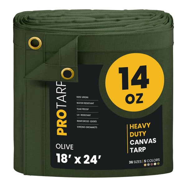 A roll of olive green PRO-TARP heavy duty canvas tarp.