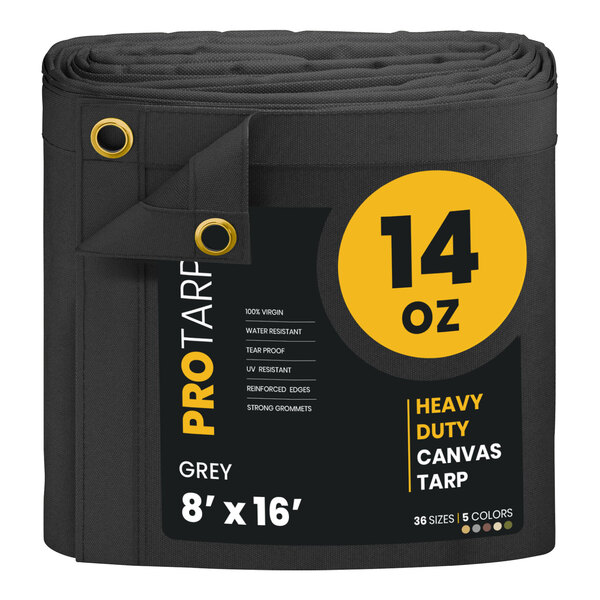 A roll of grey ProCare heavy-duty canvas tarp with reinforced edges.